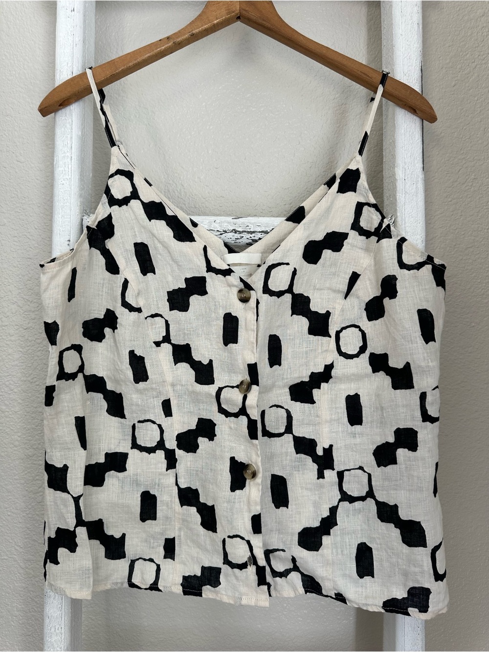 H&M Black and Cream Linen Cami Top with Abstract Print